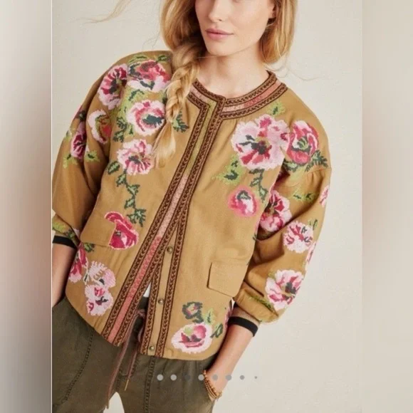 Anthropologie Floral Embroidered Boho Bomber Jacket Size XS - Picture 1 of 15